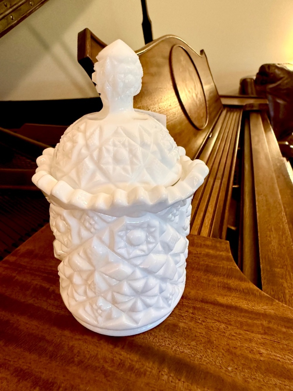 vintage Fostoria milk glass cracker jar  the "Windburn" quilted pattern